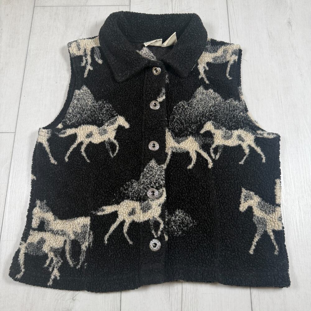 St.John's Bay Equestrian Black Sherpa Women's Medium Fleece Zip Vest Horse Print